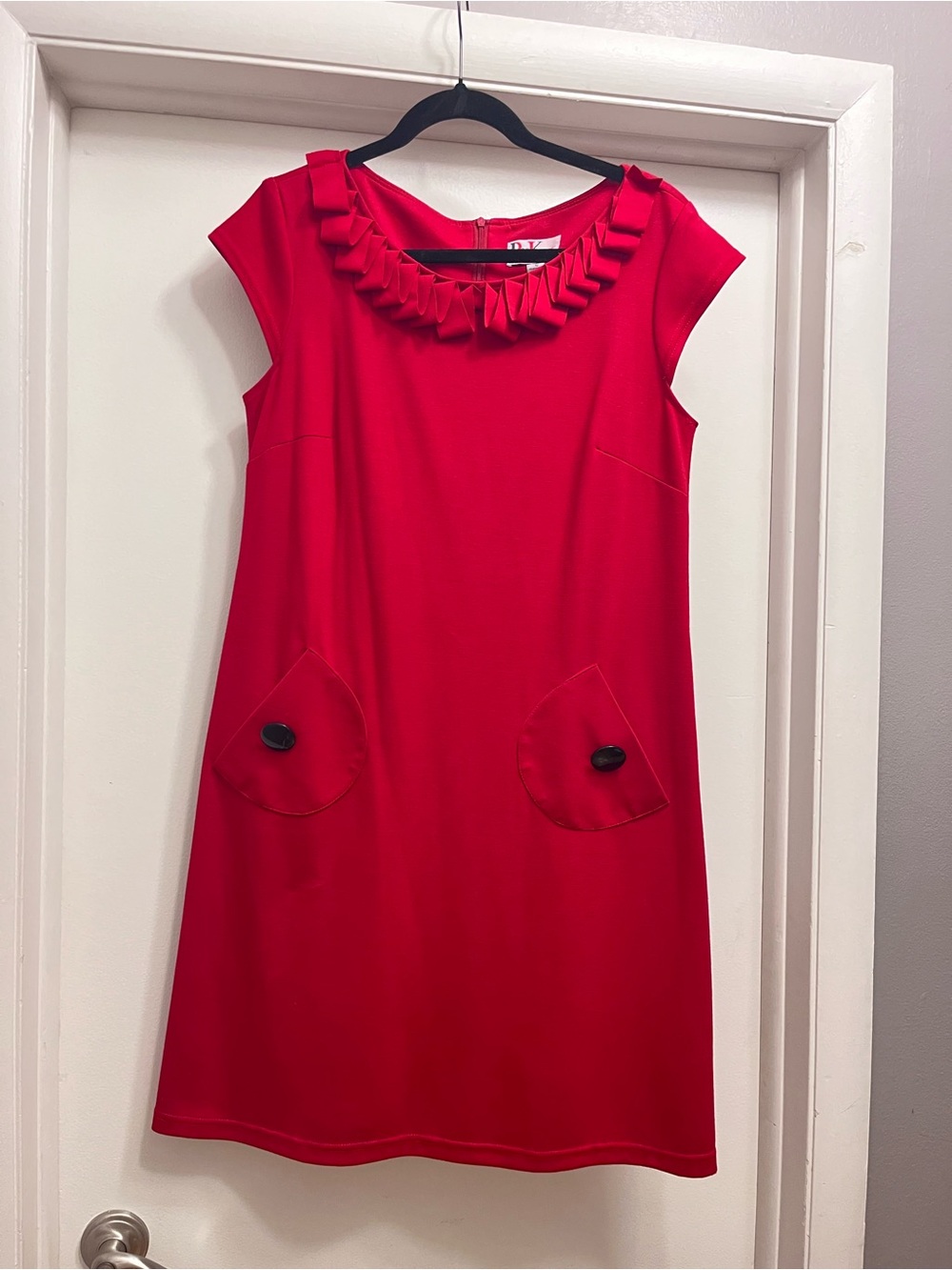 Red Ruffle Neck Shift Dress - Picture 1 of 9